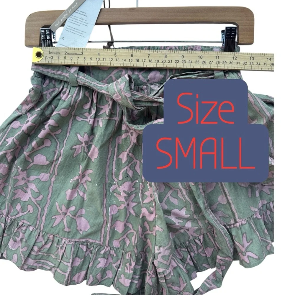 Cleobella SHORTS handmade process ruffle elastic belted Green Pink Floral S /‎ M
